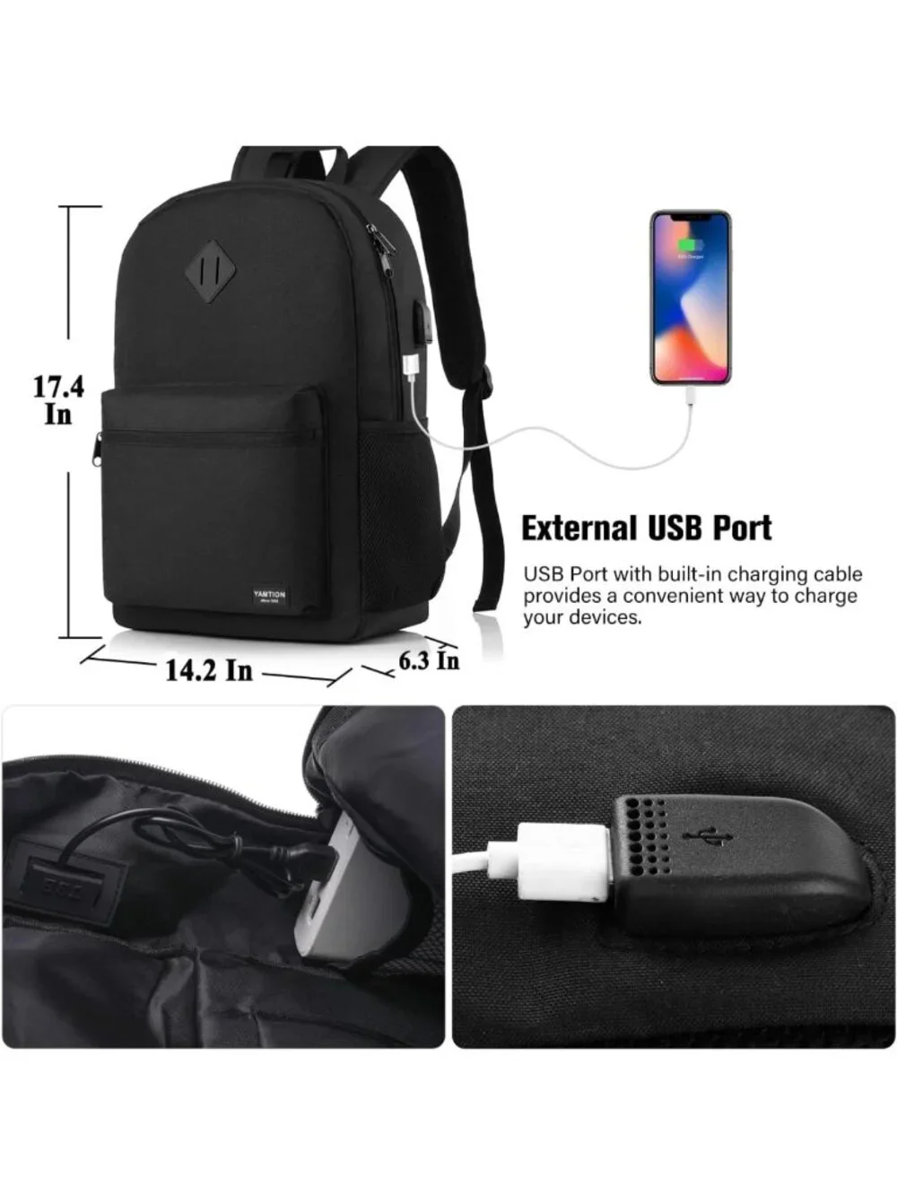 Stylish Black Casual Backpack for Teens & Adults, 15.6